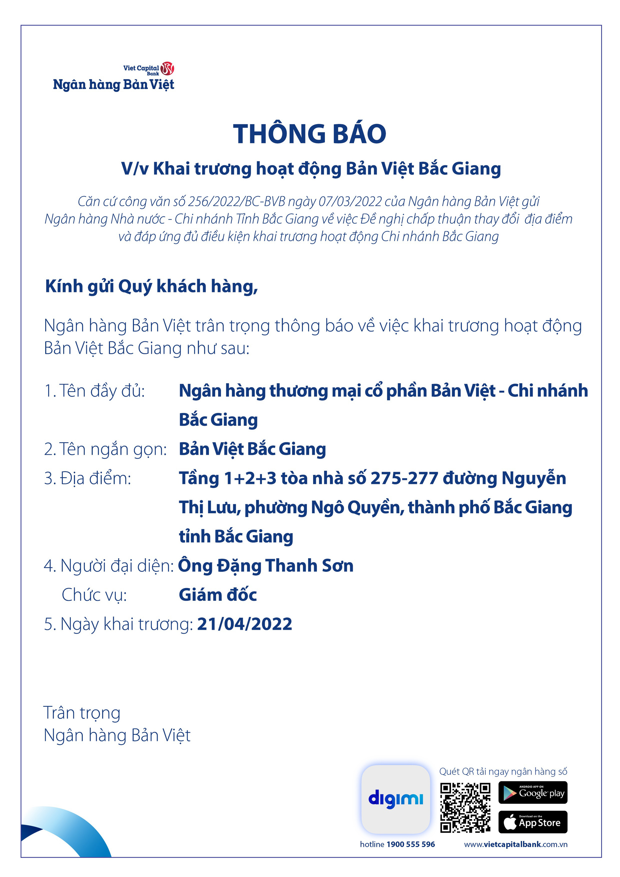 Th&ocirc;ng b&aacute;o khai trương hoạt động Bản Việt Bắc Giang - Ảnh 1.