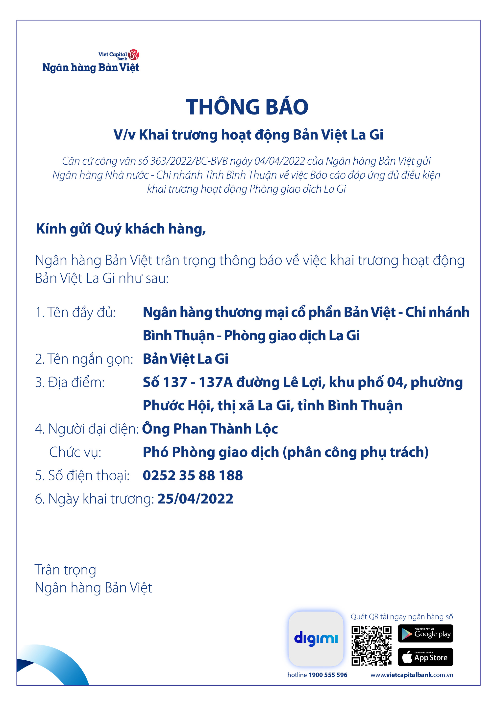 Thông báo khai trương hoạt động Bản Việt La Gi - Ảnh 1.