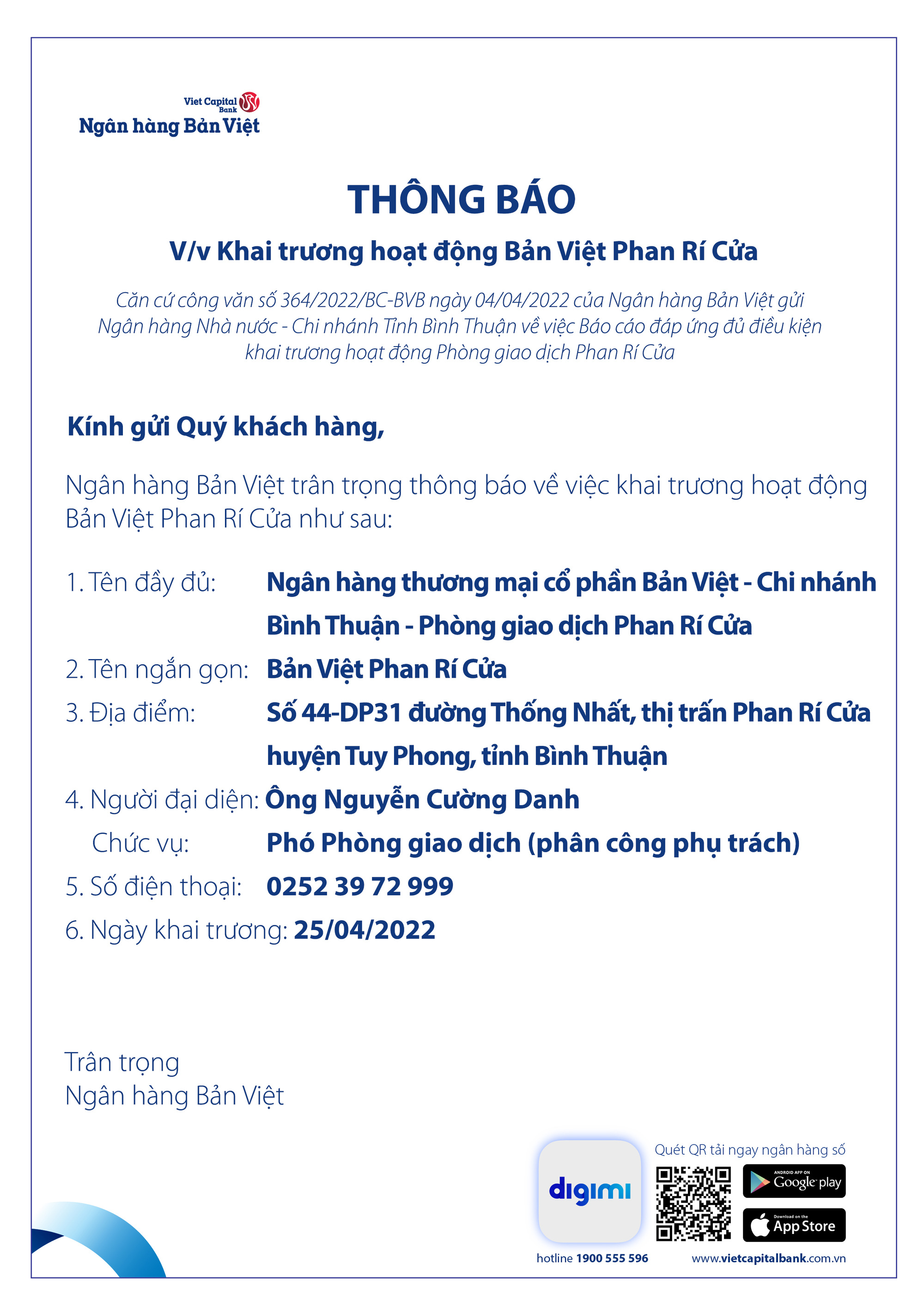 Th&ocirc;ng b&aacute;o khai trương hoạt động Bản Việt Phan R&iacute; Cửa - Ảnh 1.