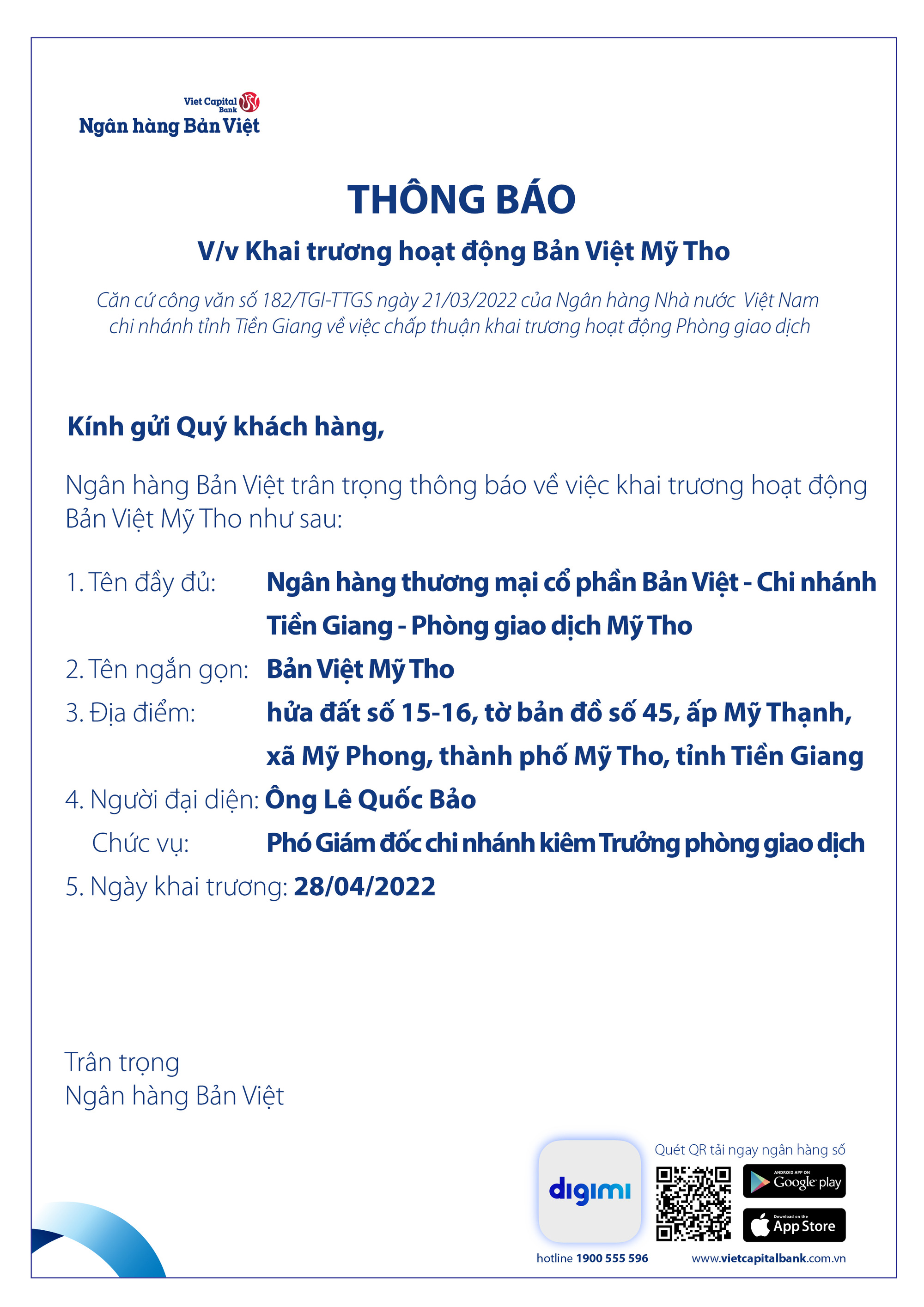 Th&ocirc;ng b&aacute;o khai trương hoạt động Bản Việt Mỹ Tho - Ảnh 1.