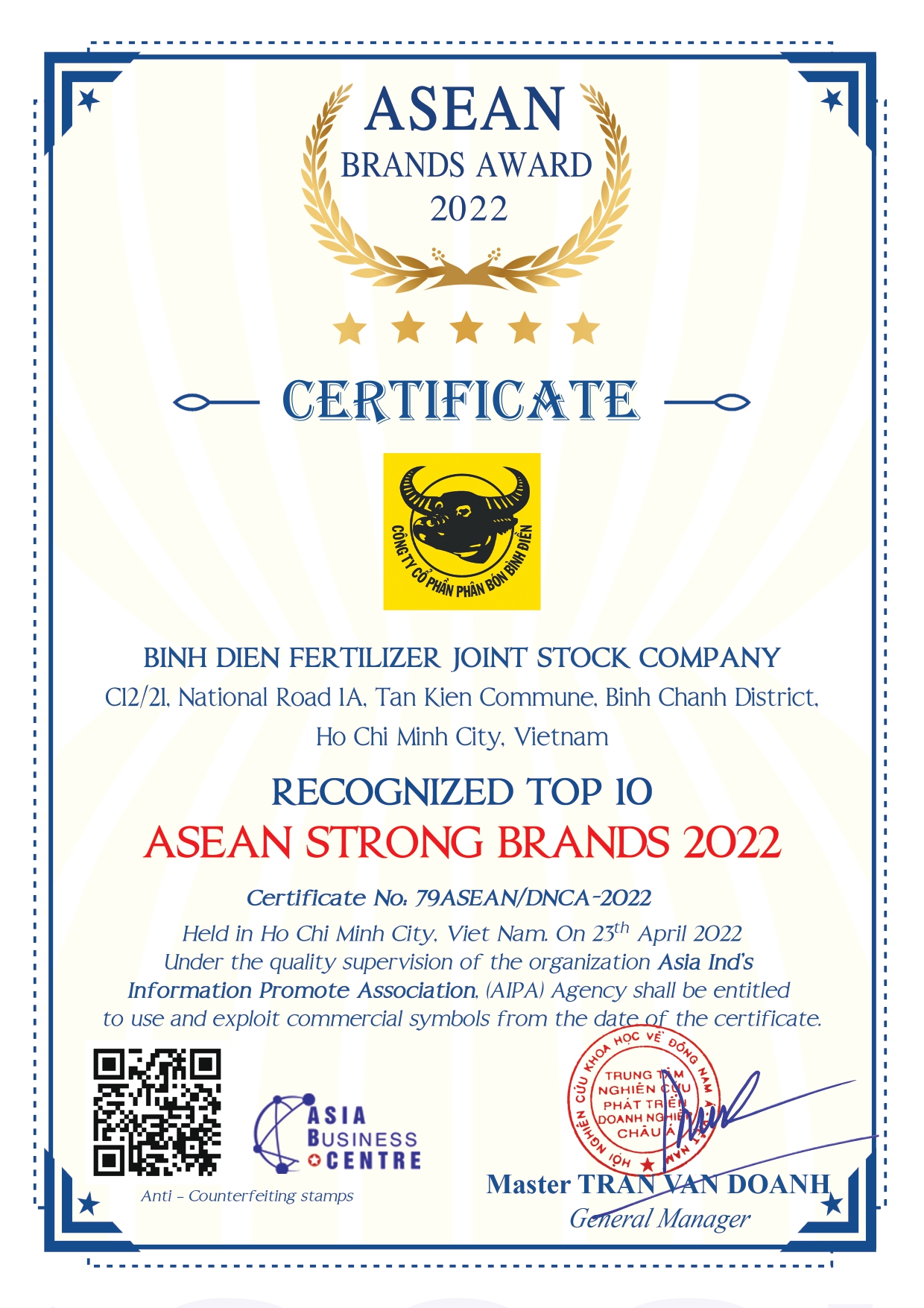 C&ocirc;ng ty Cổ phần Ph&acirc;n b&oacute;n B&igrave;nh Điền đ&oacute;n nhận danh hiệu &ldquo;TOP10 Thương hiệu mạnh ASEAN 2022&rdquo; - Ảnh 2.
