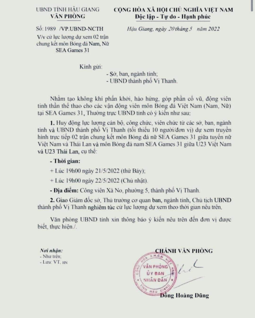 L&atilde;nh đạo Hậu Giang n&oacute;i g&igrave; về c&ocirc;ng văn huy động c&aacute;n bộ, c&ocirc;ng chức cổ vũ chung kết b&oacute;ng đ&aacute; SEA Games? - Ảnh 1.
