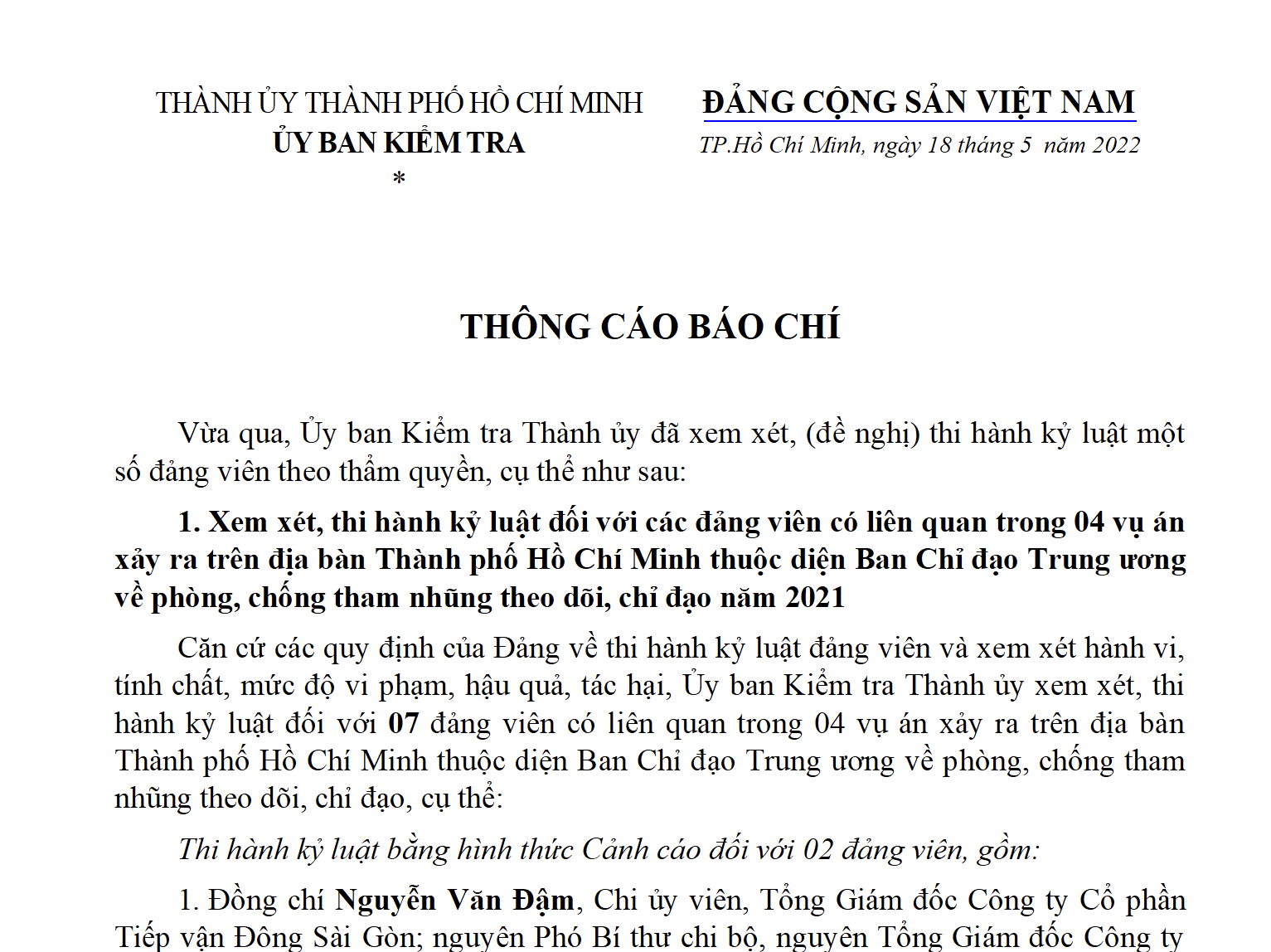 Ủy ban Kiểm tra Thành ủy TP HCM thi hành kỷ luật nhiều cán bộ