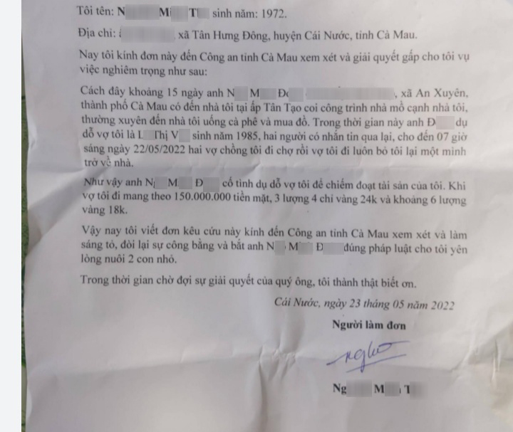 Người đàn ông "cầu cứu" vì vợ mang nhiều tiền, vàng "theo nhân tình"