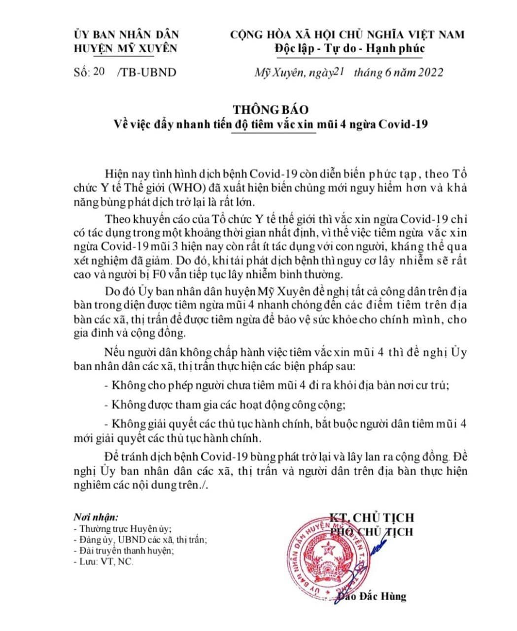 Chủ tịch huyện Mỹ Xuy&ecirc;n l&ecirc;n tiếng về th&ocirc;ng b&aacute;o &ldquo;lạ&rdquo; ph&ograve;ng, chống Covid-19 - Ảnh 2.