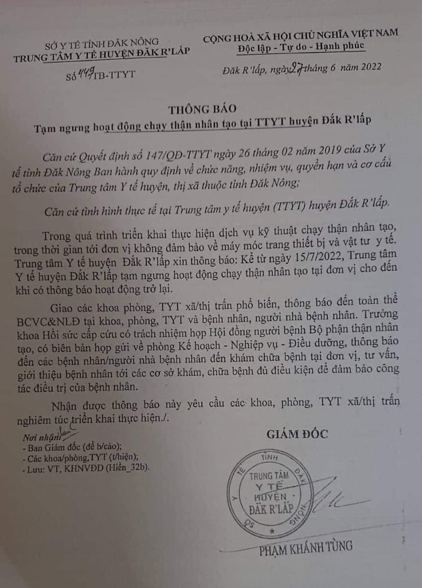 Trung tâm y tế thông báo tạm ngưng chạy thận, bệnh nhân lao đao