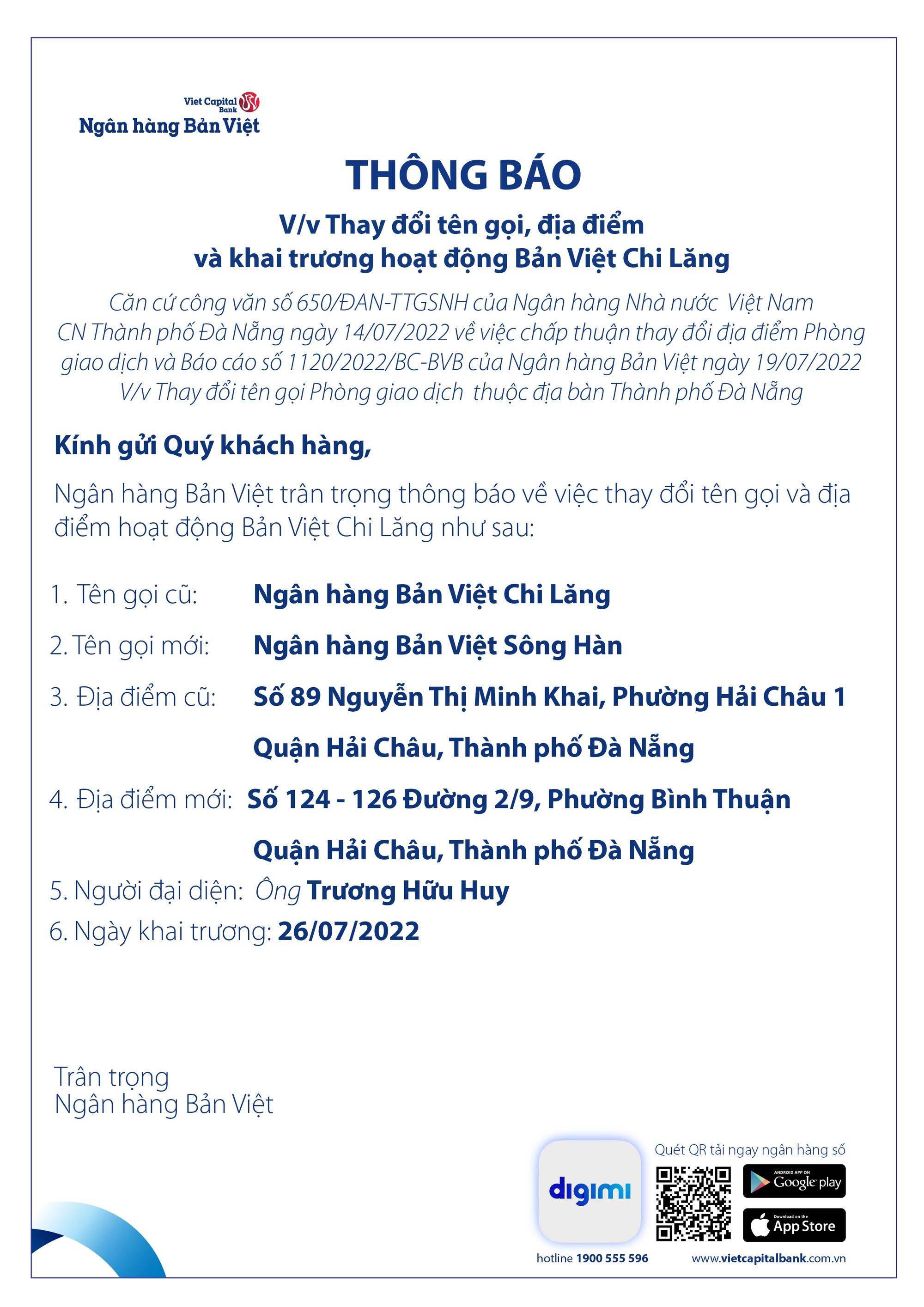 Thông báo thay đổi tên gọi, địa điểm và khai trương hoạt động Bản Việt Chi Lăng - Ảnh 1.