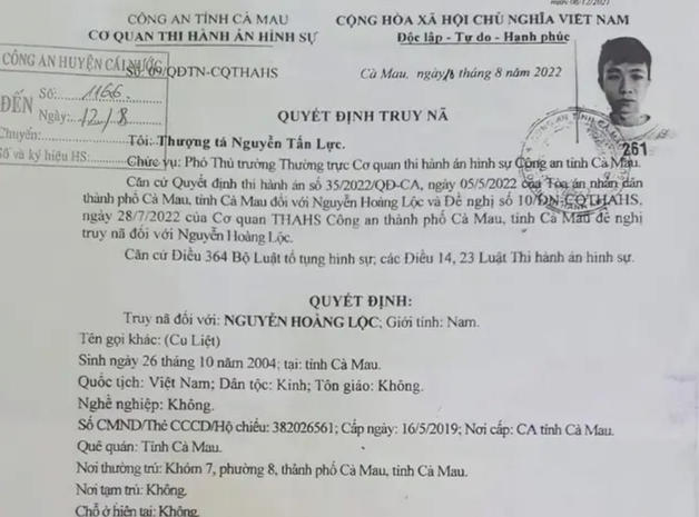 Truy nã đối tượng Nguyễn Hoàng Lộc