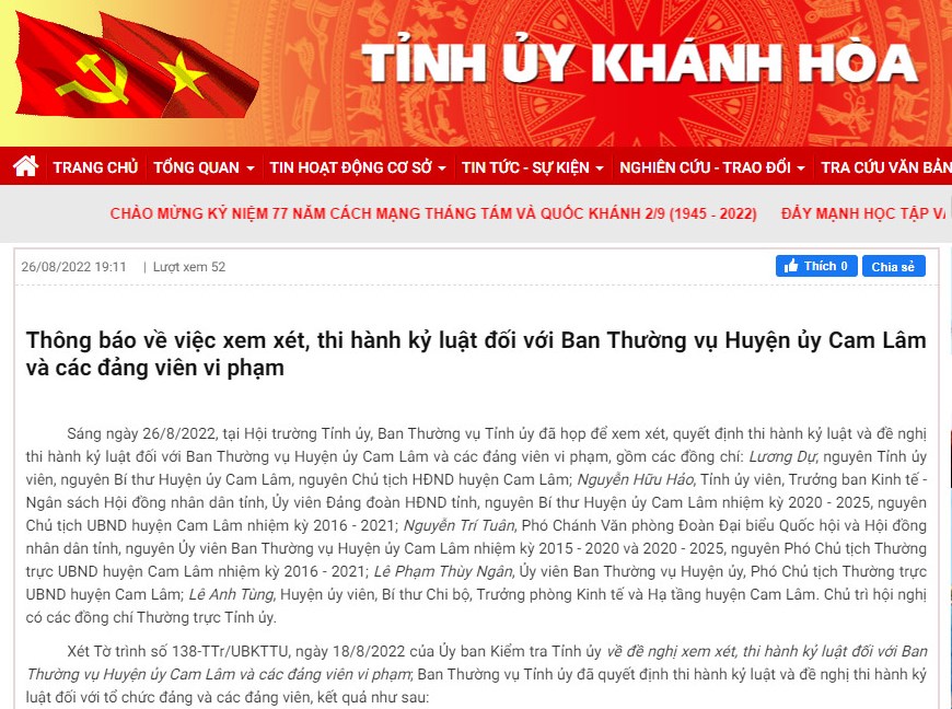 Nhiều lãnh đạo huyện Cam Lâm bị cách hết chức vụ trong Đảng