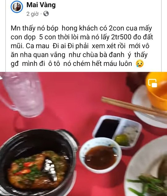 X&ocirc;n xao vụ ăn 2 con cua, mấy con vọp, 5 con c&aacute; th&ograve;i l&ograve;i bị t&iacute;nh 2,5 triệu đồng - Ảnh 1.