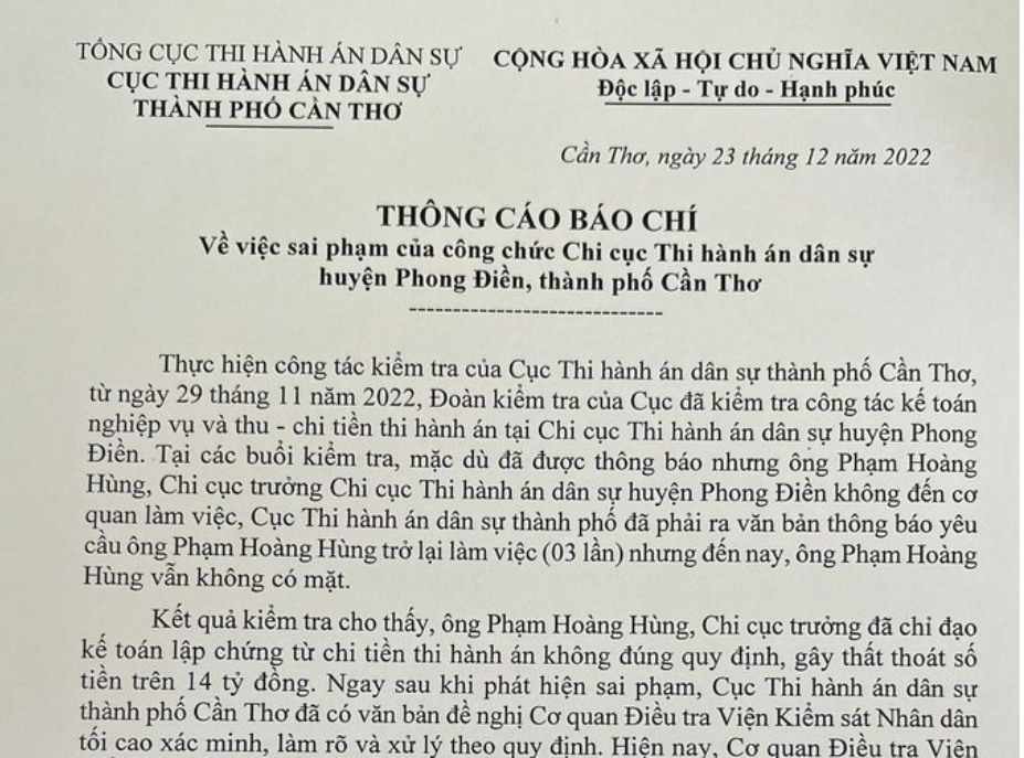 Truy tìm Chi cục trưởng Chi cục THADS huyện Phong Điền