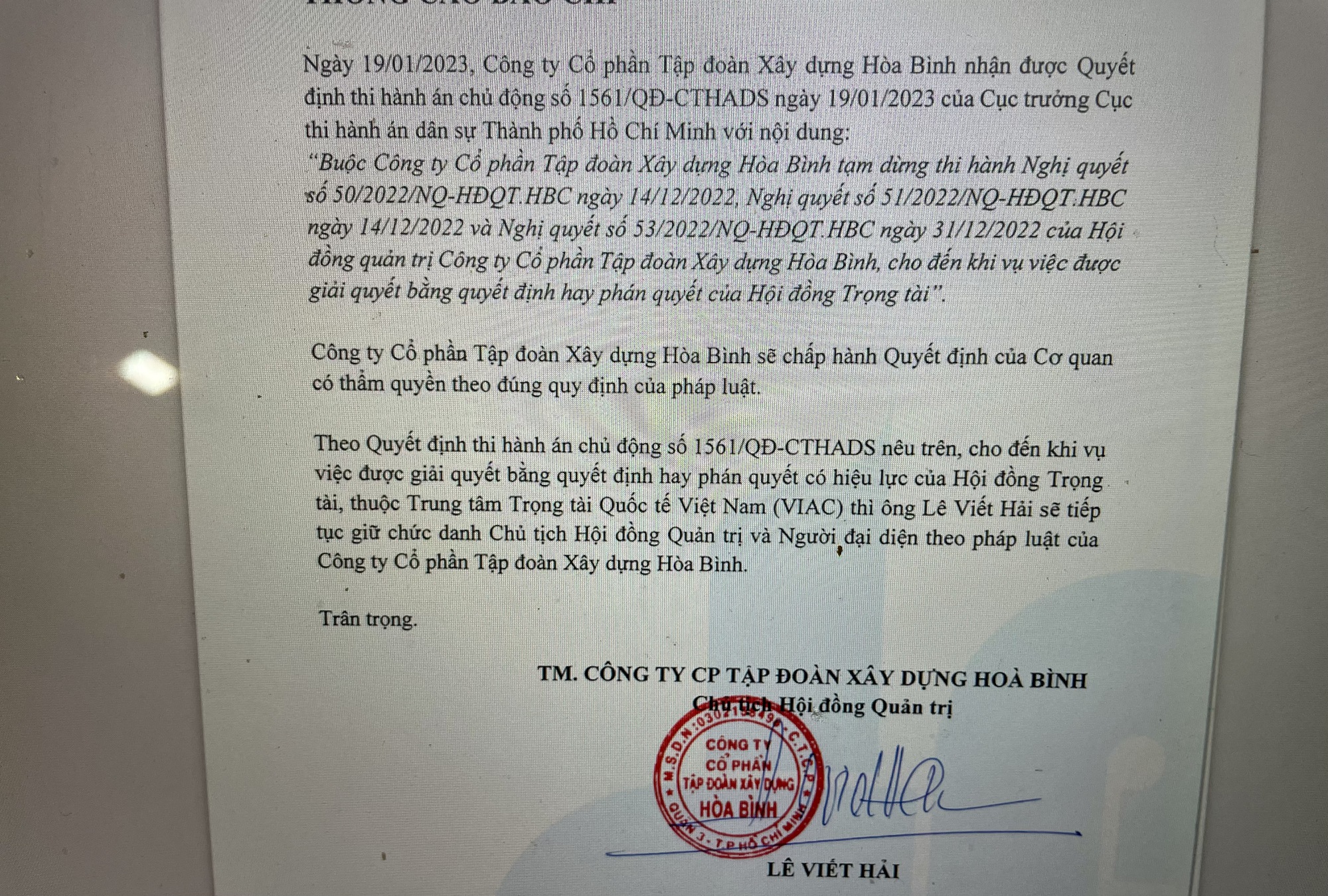 &Ocirc;ng L&ecirc; Viết Hải tiếp tục l&agrave;m chủ tịch hợp ph&aacute;p của Tập đo&agrave;n X&acirc;y dựng H&ograve;a B&igrave;nh - Ảnh 1.