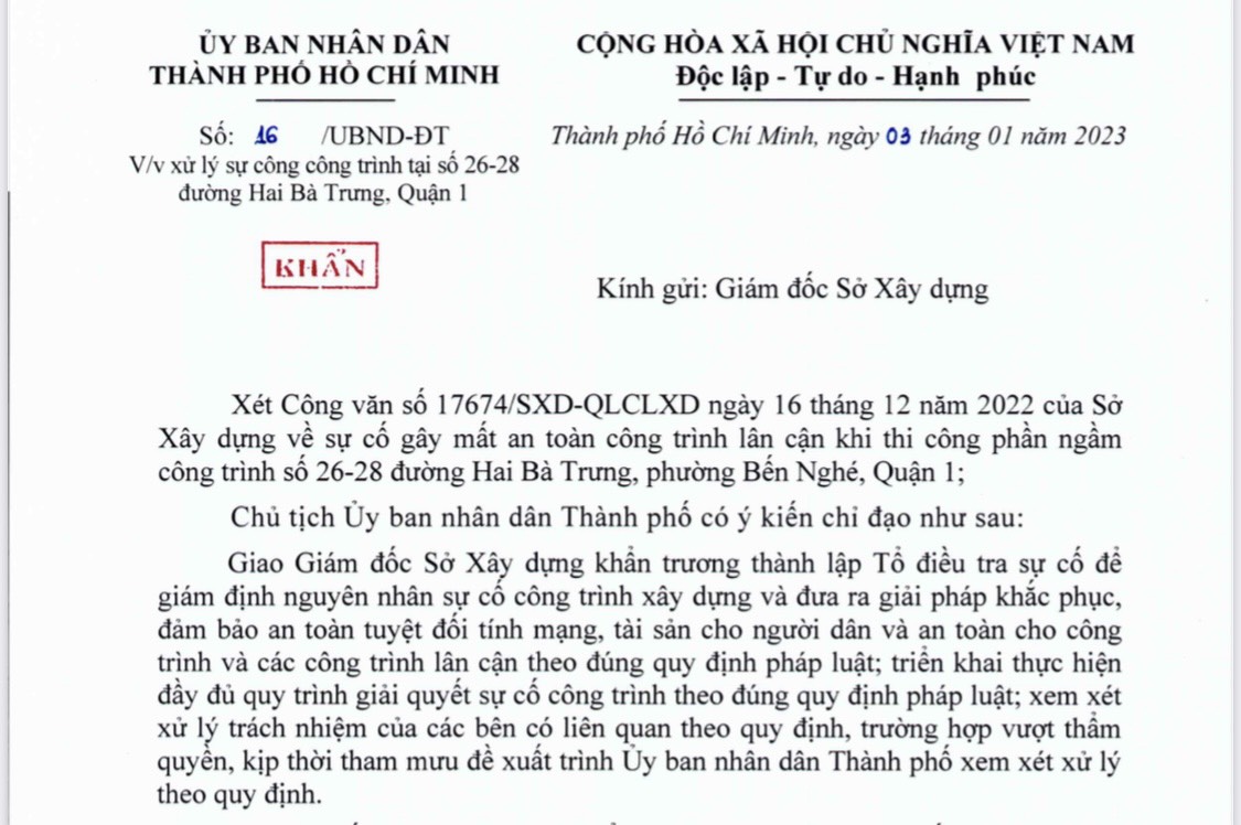 TP HCM: Thành lập Tổ điều tra sự cố công trình tại đường Hai Bà Trưng