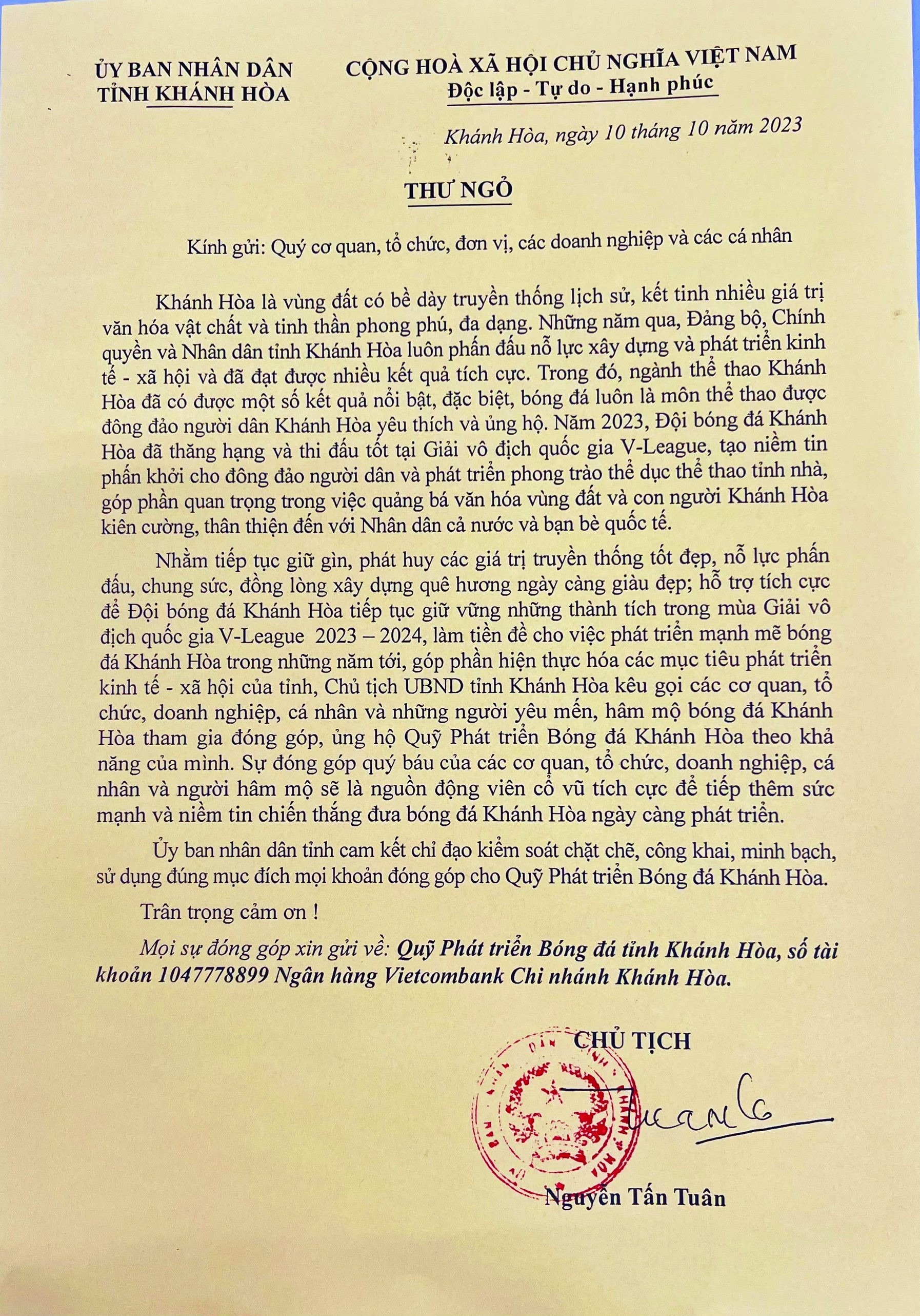 Kêu gọi ủng hộ Quỹ phát triển bóng đá Khánh Hòa - Ảnh 2.