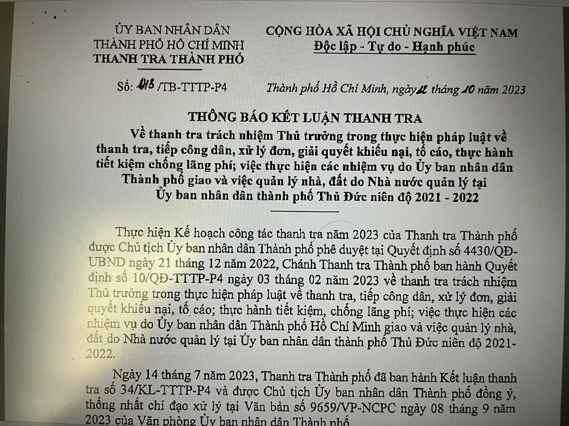 Kết luận thanh tra tại UBND TP Thủ Đức