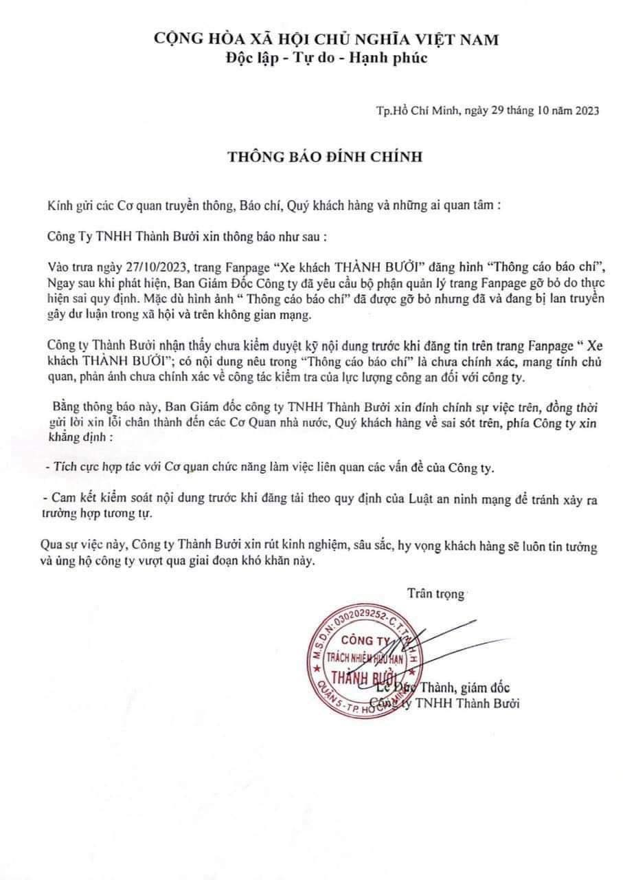 C&ocirc;ng ty Th&agrave;nh Bưởi đ&iacute;nh ch&iacute;nh, xin lỗi v&agrave; cam kết hợp t&aacute;c - Ảnh 3.