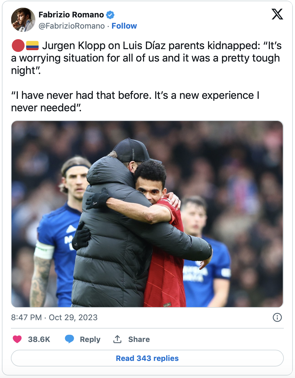 Cha mẹ bị bắt cóc, Luis Diaz bị gạch tên khỏi đội hình Liverpool vòng đấu cuối tuần - Ảnh 3.