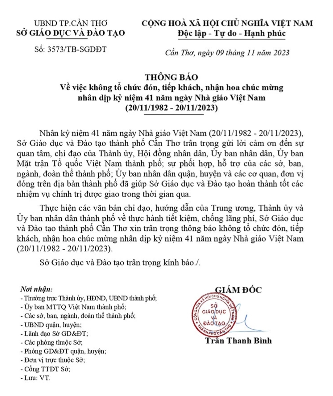 Sở GD-ĐT TP Cần Thơ thông tin bất ngờ nhân dịp Ngày Nhà giáo Việt Nam - Ảnh 1.