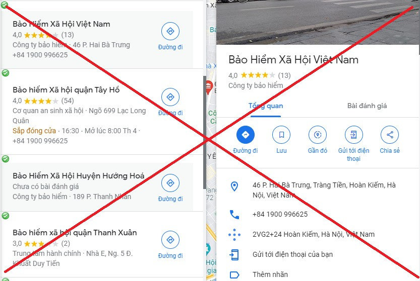 Số điện thoại của cơ quan BHXH bị làm giả trên trang Google Map