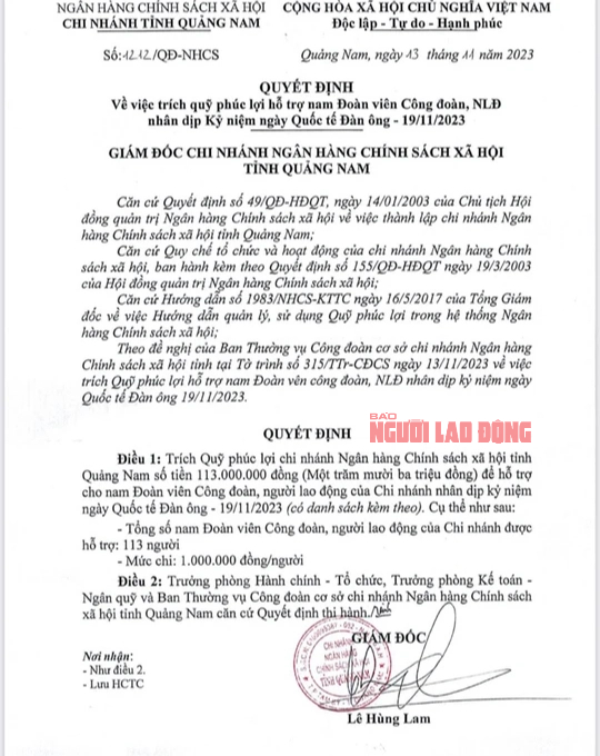 Ngày Quốc tế Đàn ông: Ngân hàng chính sách Quảng Nam chi 113 triệu hỗ trợ nam nhân viên - Ảnh 1.