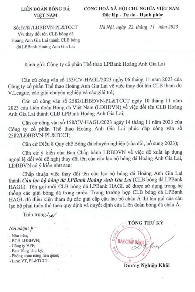 VFF chấp thuận cho CLB Ho&agrave;ng Anh Gia Lai được đổi t&ecirc;n - Ảnh 1.