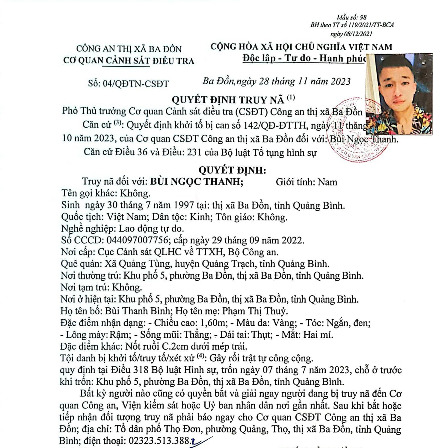 Truy nã Bùi Ngọc Thanh sau vụ hỗn chiến ở Quảng Bình - Ảnh 1.
