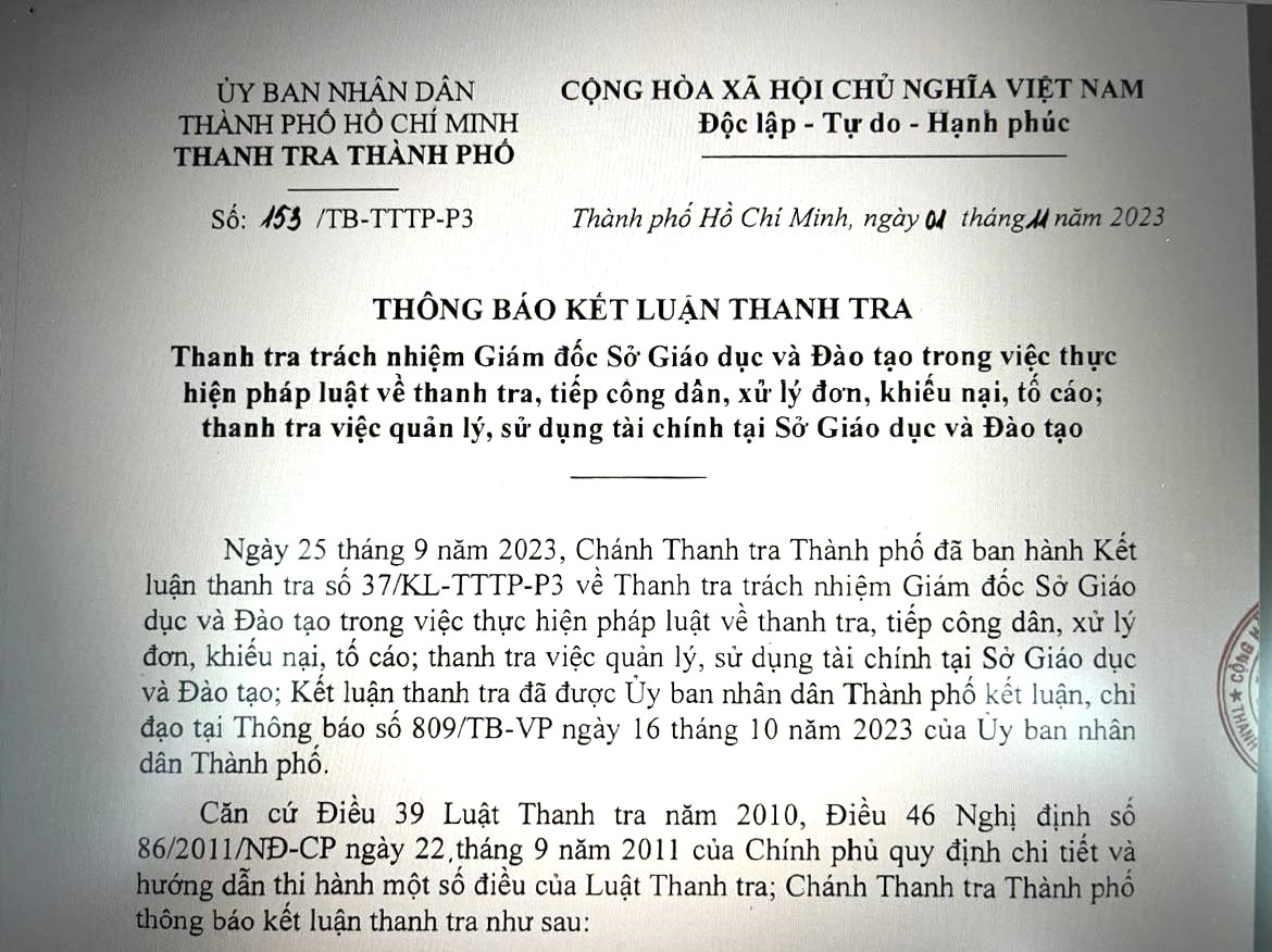 Kết luận thanh tra tại Sở Giáo dục và Đào tạo TP HCM