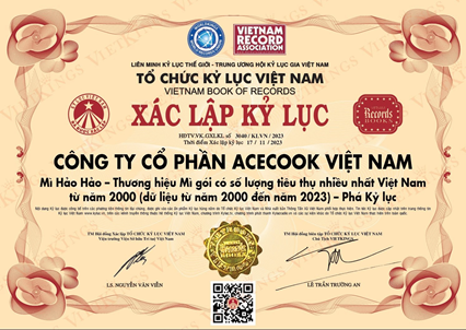 Chứng nhận của Tổ chức Kỷ lục Việt Nam cho m&igrave; Hảo Hảo v&agrave;o th&aacute;ng 11-2023