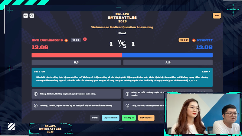 Trận đấu chung kết kịch t&iacute;nh giữa GPU Dominators v&agrave; ProPTIT với b&agrave;i to&aacute;n Vietnamese Medical Question Answering tại KALAPA ByteBattles 2023 Finals