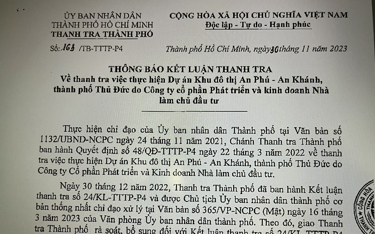 Chủ tịch UBND TP HCM chỉ đạo khắc phục các sai phạm tại Dự án Khu đô thị An Phú - An Khánh