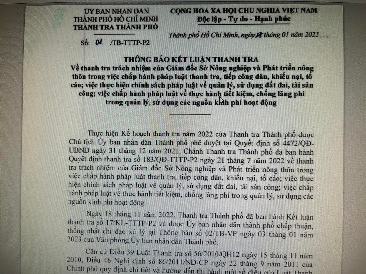 Vì sao thanh tra trách nhiệm giám đốc Sở NN-PTNT TP HCM?