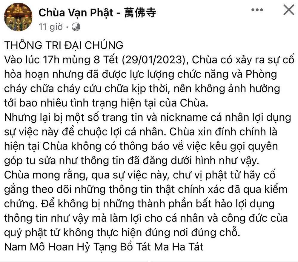Ch&ugrave;a Vạn Phật l&ecirc;n tiếng th&ocirc;ng tin quy&ecirc;n g&oacute;p sau vụ ch&aacute;y - Ảnh 2.