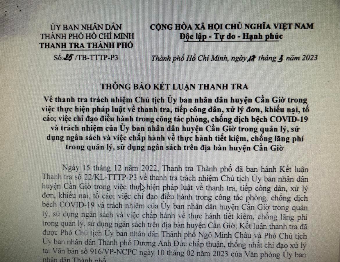 Vì sao thanh tra trách nhiệm Chủ tịch UBND huyện Cần Giờ?