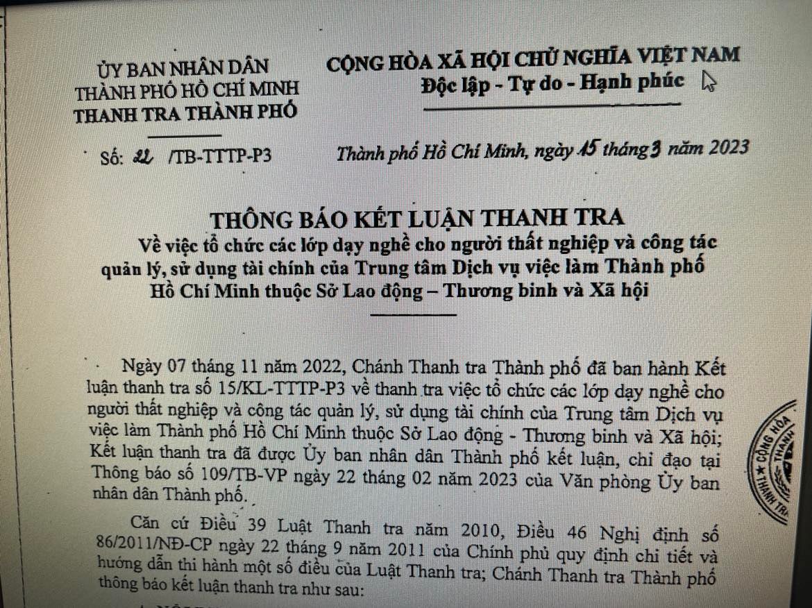 Kết luận vụ việc tại Trung tâm Dịch vụ việc làm TP HCM