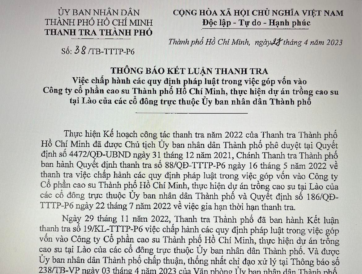 Vì sao Công ty Cổ phần Cao su TP HCM bị thanh tra?