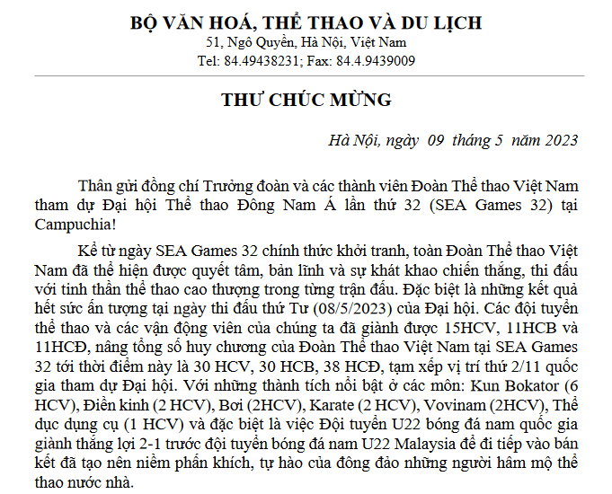 Bộ trưởng Bộ VH-TT-DL gửi thư khen Đoàn Thể thao Việt Nam - Ảnh 2.