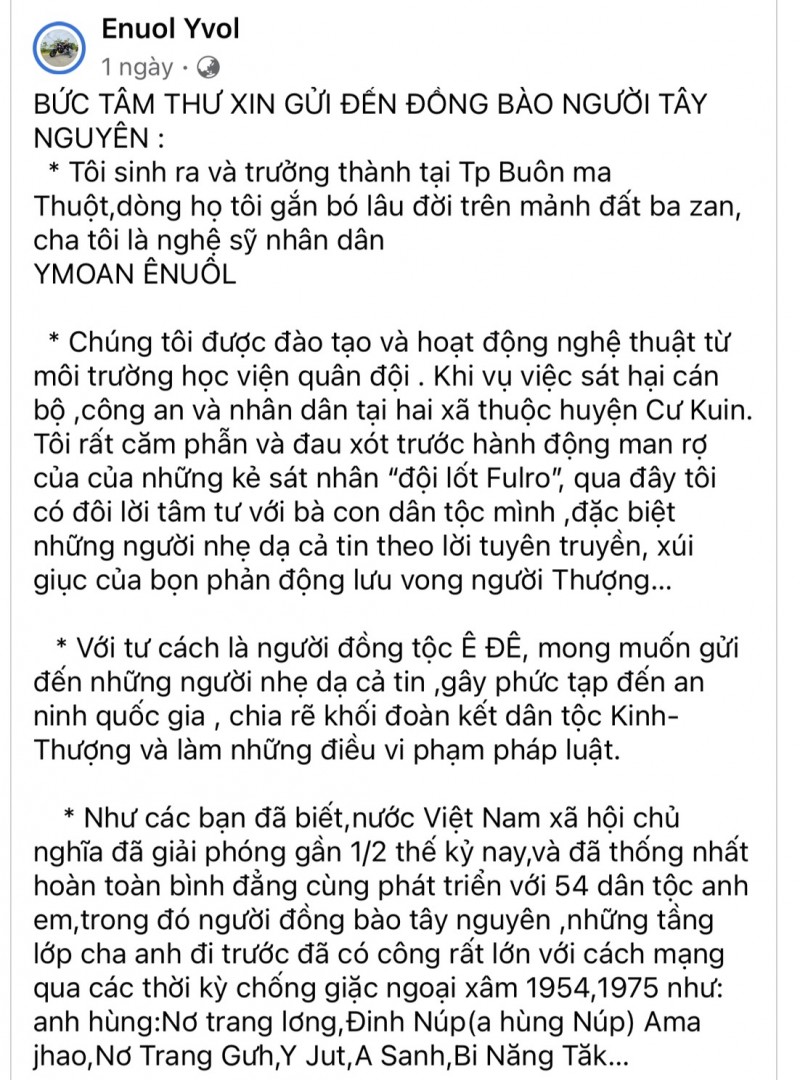 Con trai cố NSND Y Moan viết t&acirc;m thư khuy&ecirc;n đồng b&agrave;o T&acirc;y Nguy&ecirc;n - Ảnh 1.