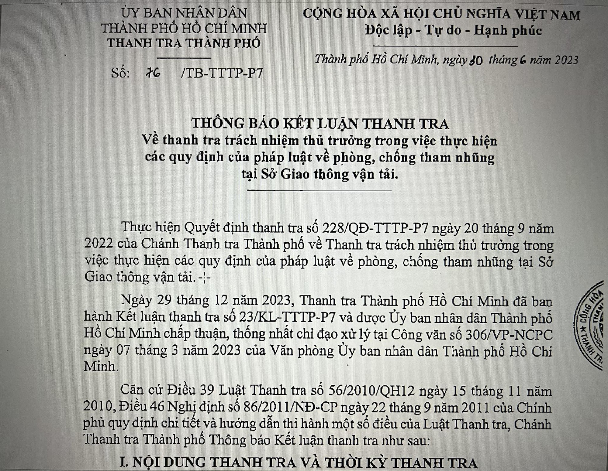 Sở Giao thông Vận tải TP HCM chưa thực hiện đúng Luật Phòng chống tham nhũng