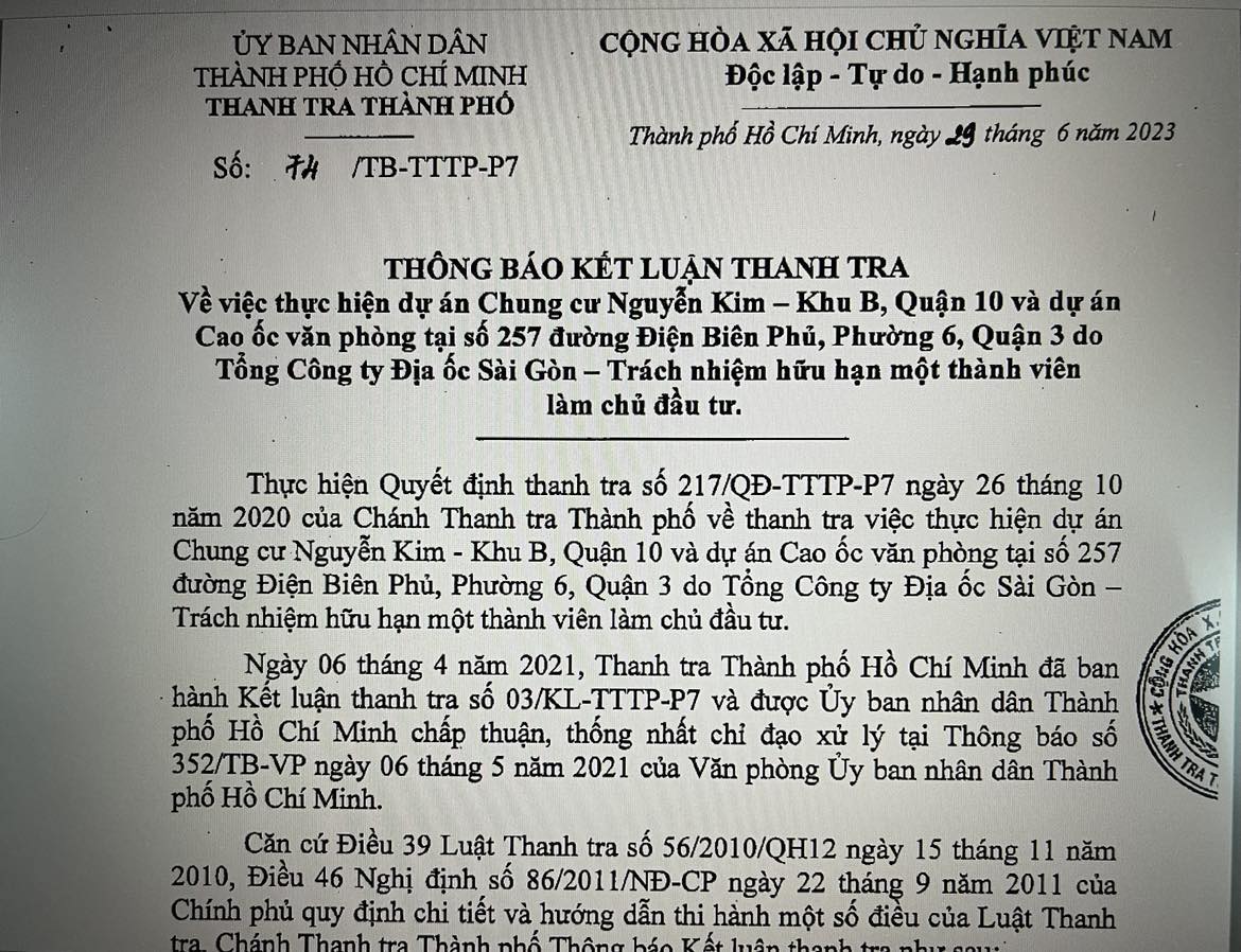 Kết luận thanh tra về dự &aacute;n chung cư Nguyễn Kim- Khu B - Ảnh 1.