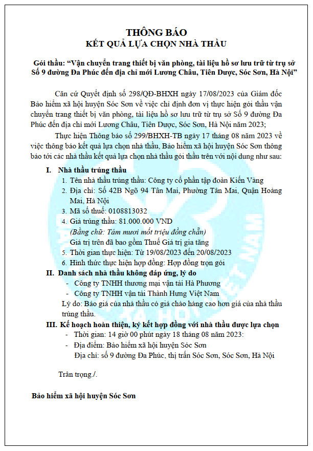 BHXH huyện Sóc Sơn (Hà Nội) thông báo kết quả lựa chọn nhà thầu. - Ảnh 1.