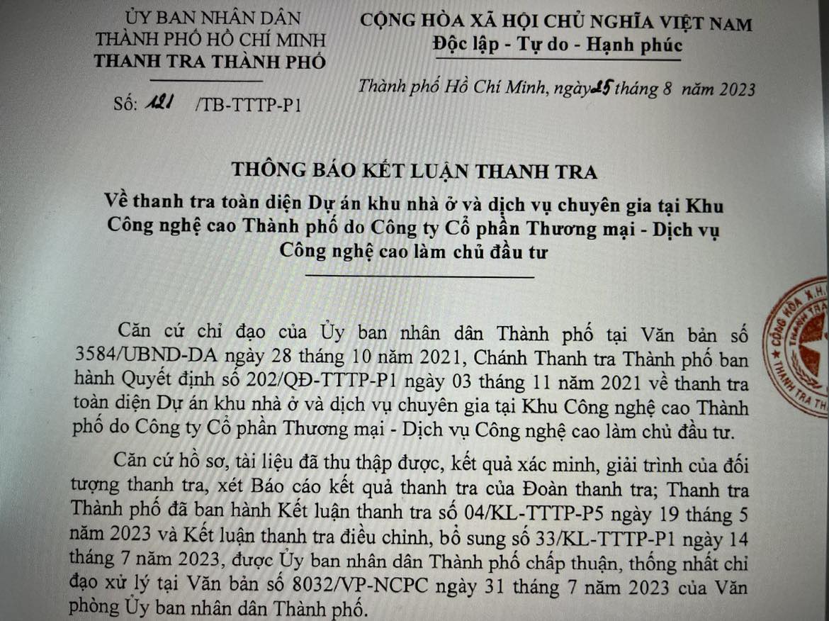Ban Quản lý Khu Công nghệ cao TP HCM phải tổ chức kiểm điểm trách nhiệm, xử lý nhiều cá nhân