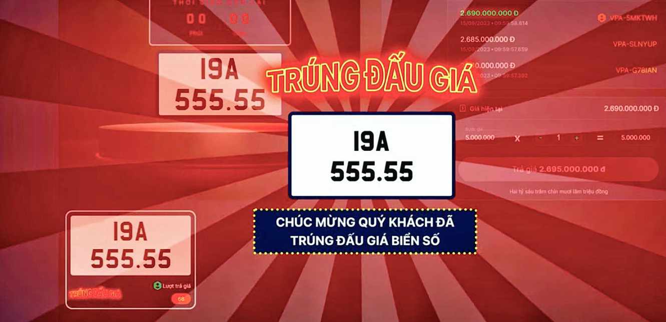 Biển số "VIP" 19A-555.55  được chốt giá 2,69 tỉ đồng