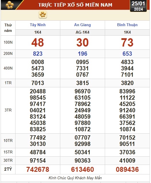 Kết quả xổ số hôm nay (25-1): Tây Ninh, An Giang, Bình Thuận, Bình Định, Quảng Trị, Hà Nội- Ảnh 1.