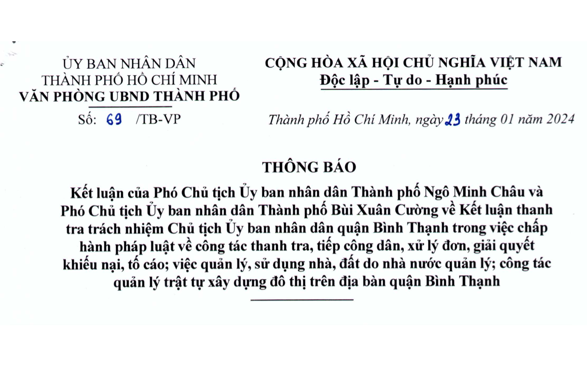 UBND TP HCM chỉ đạo thanh tra 4 địa chỉ nhà, đất ở quận Bình Thạnh