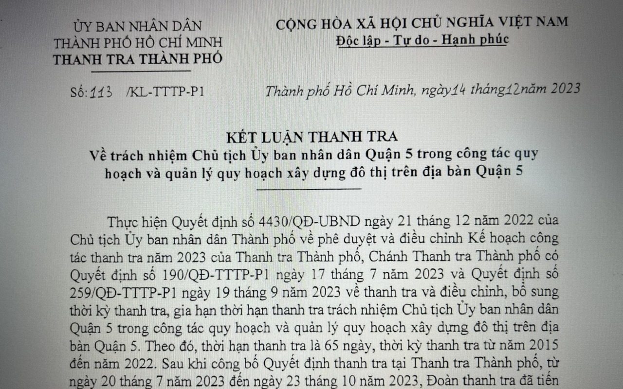 Vì sao thanh tra trách nhiệm Chủ tịch UBND quận 5?