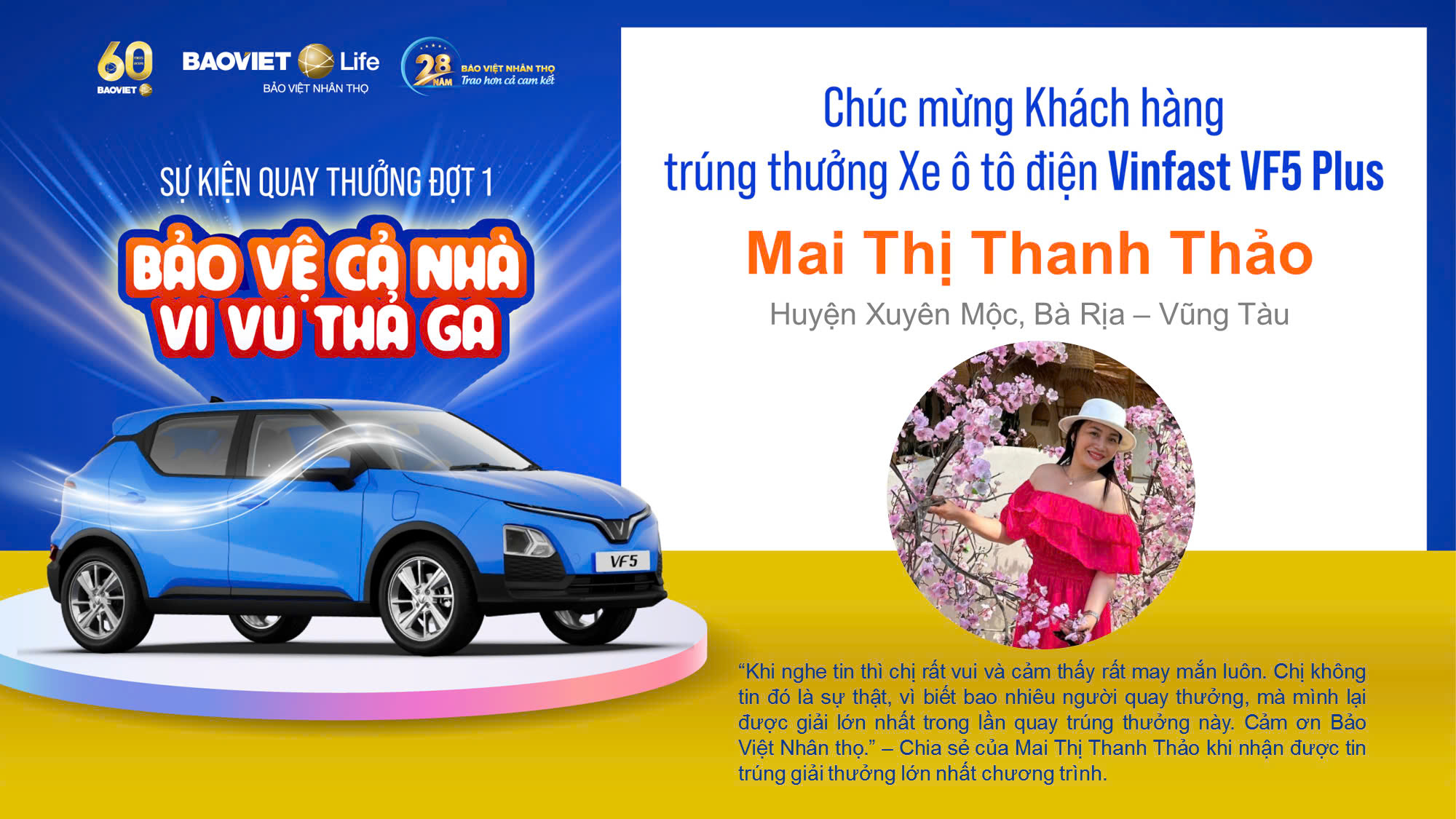 Chị Mai Thị Thanh Thảo (tỉnh Bà Rịa - Vũng Tàu) là khách hàng may mắn trúng giải thưởng ô tô điện VinFast VF5 Plus