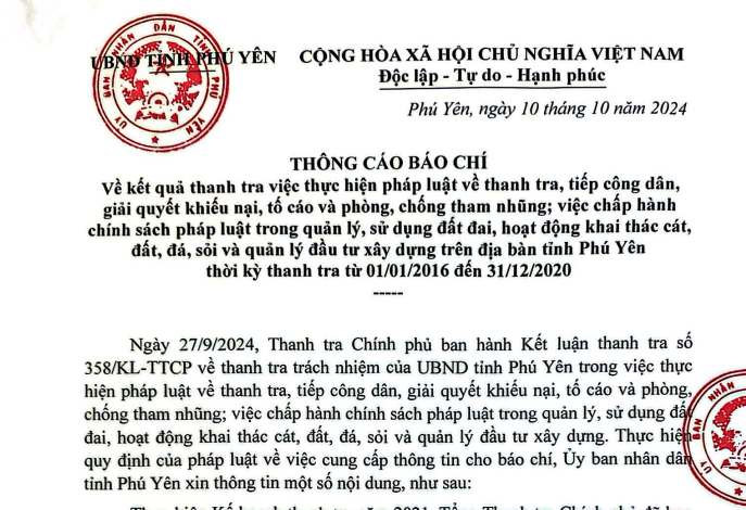 Phú Yên thông tin về việc thanh tra trách nhiệm của UBND tỉnh- Ảnh 1.
