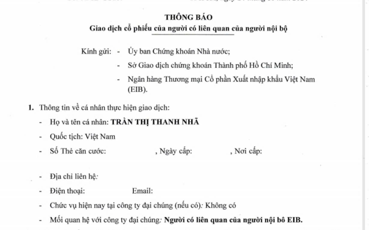Người nhà một lãnh đạo Eximbank sẽ bán hết cổ phiếu