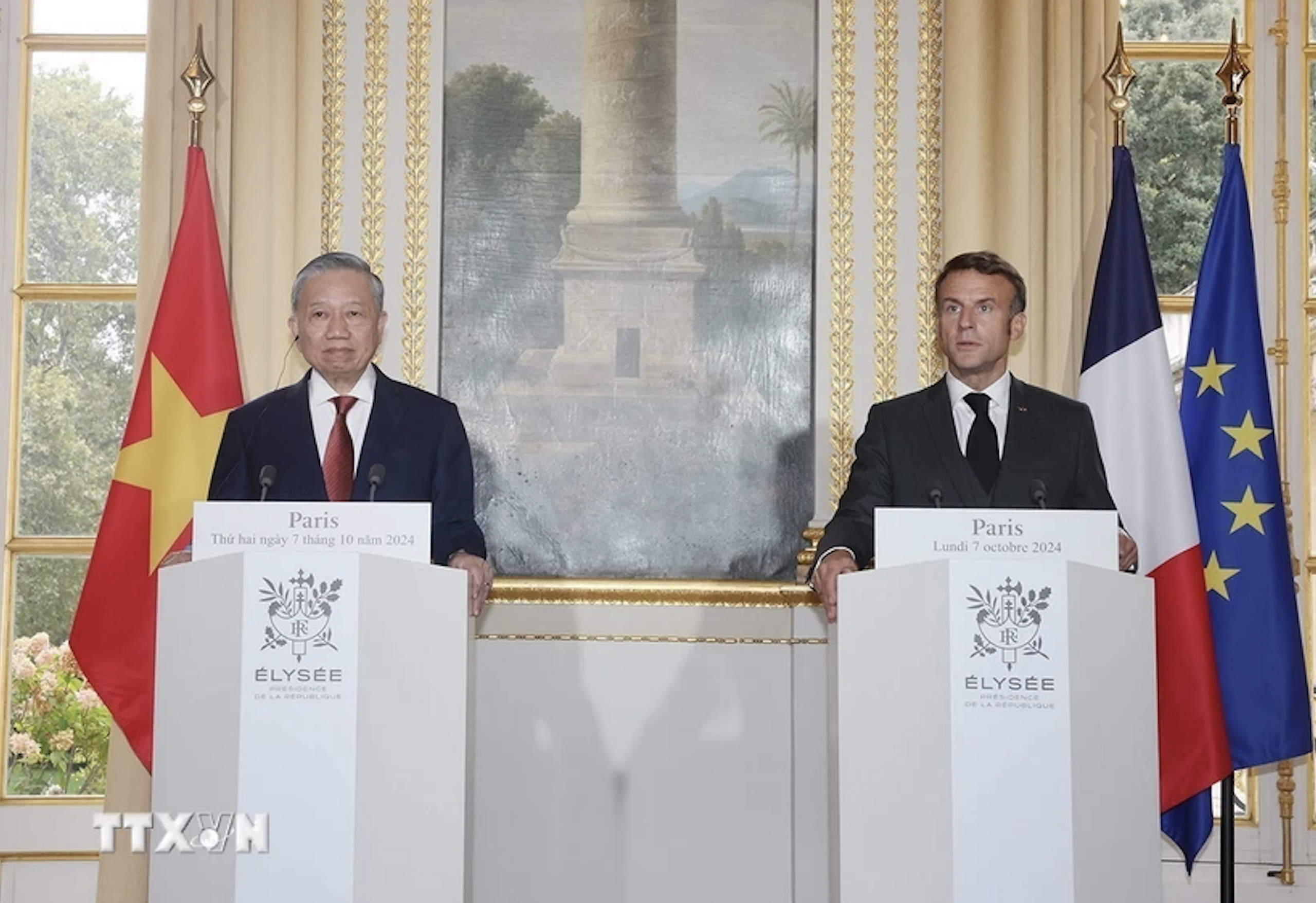 Tổng B&iacute; thư, Chủ tịch nước T&ocirc; L&acirc;m v&agrave; Tổng thống Ph&aacute;p Emmanuel Macron gặp gỡ b&aacute;o ch&iacute;- Ảnh 1.