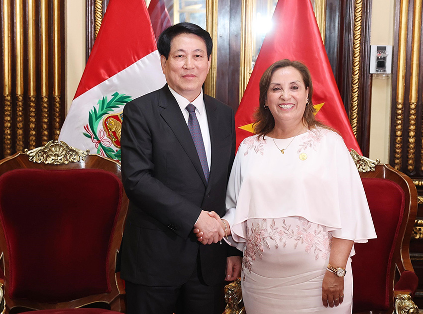 Chủ tịch nước Lương Cường v&agrave; Tổng thống Peru Dina Ercilia Boluarte Zegarr Ảnh: TTXVN
